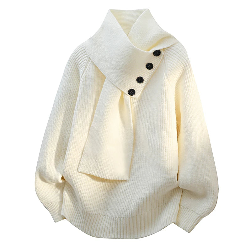 Ladies Oversized Sweater with Shawl Collar and Button Detail