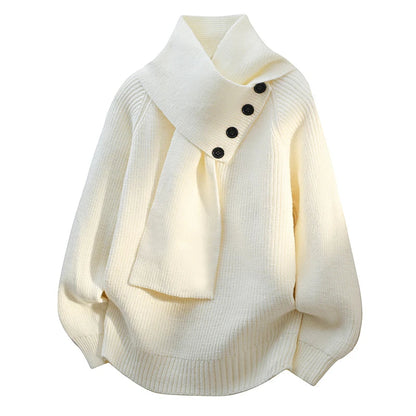 Ladies Oversized Sweater with Shawl Collar and Button Detail