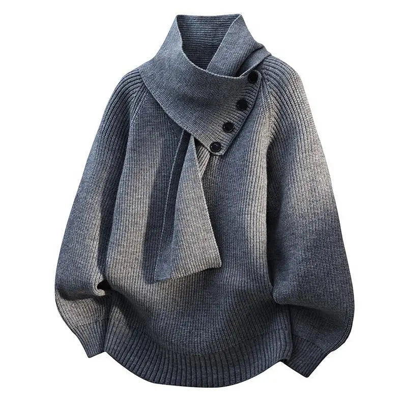 Ladies Oversized Sweater with Shawl Collar and Button Detail