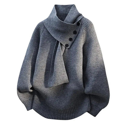 Ladies Oversized Sweater with Shawl Collar and Button Detail