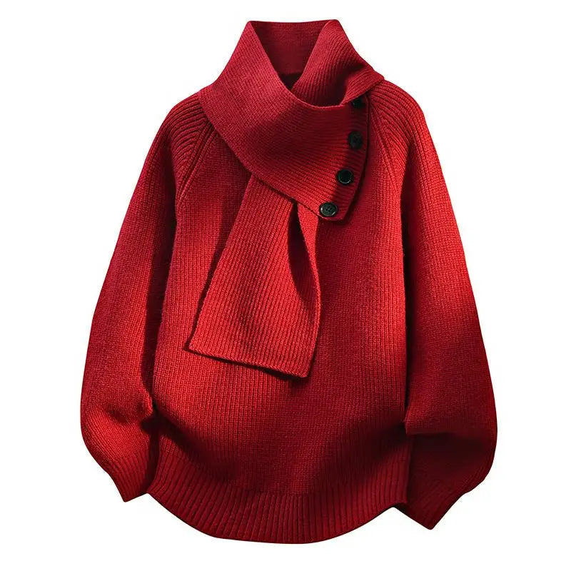 Ladies Oversized Sweater with Shawl Collar and Button Detail