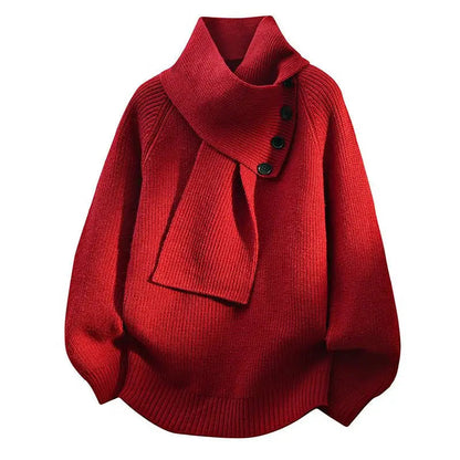 Ladies Oversized Sweater with Shawl Collar and Button Detail