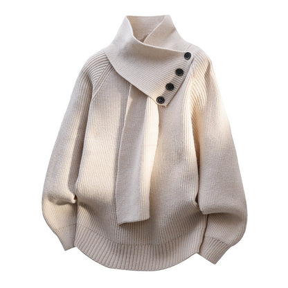 Ladies Oversized Sweater with Shawl Collar and Button Detail