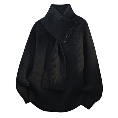 Ladies Oversized Sweater with Shawl Collar and Button Detail