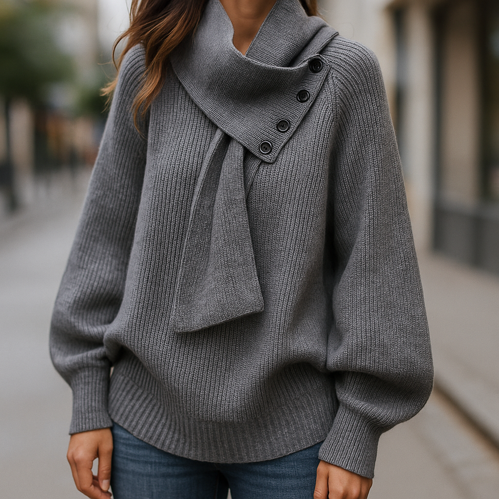 Ladies Oversized Sweater with Shawl Collar and Button Detail