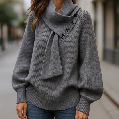 Ladies Oversized Sweater with Shawl Collar and Button Detail