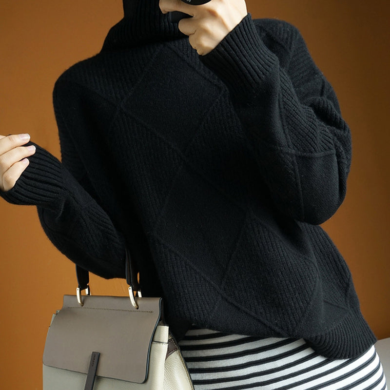 Ladies' Timeless Oversized Roll Neck Jumper with Diamond Pattern