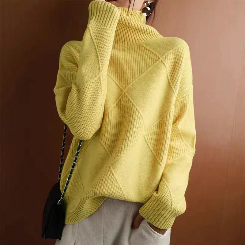 Ladies' Timeless Oversized Roll Neck Jumper with Diamond Pattern
