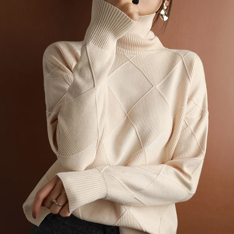 Ladies' Timeless Oversized Roll Neck Jumper with Diamond Pattern