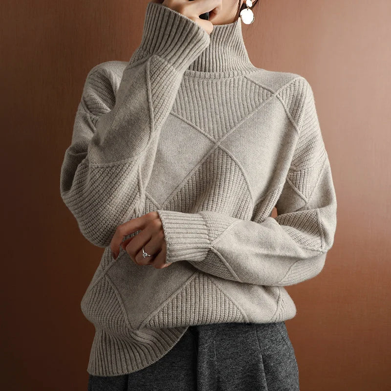 Ladies' Timeless Oversized Roll Neck Jumper with Diamond Pattern
