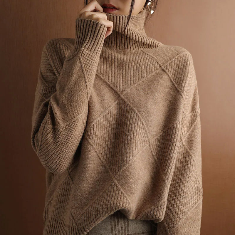 Ladies' Timeless Oversized Roll Neck Jumper with Diamond Pattern