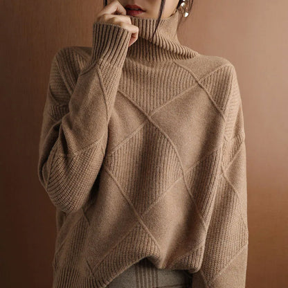 Ladies' Timeless Oversized Roll Neck Jumper with Diamond Pattern