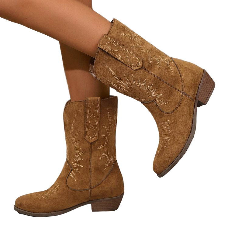 Ladies' Bold Western Boots with Block Heel and Decorative Stitching