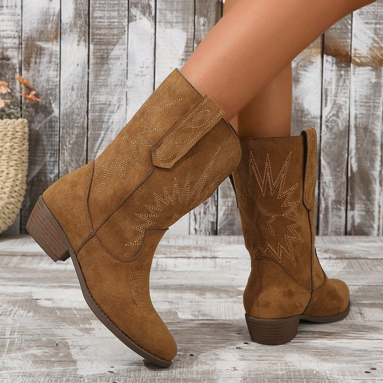 Ladies' Bold Western Boots with Block Heel and Decorative Stitching
