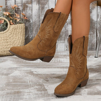 Ladies' Bold Western Boots with Block Heel and Decorative Stitching