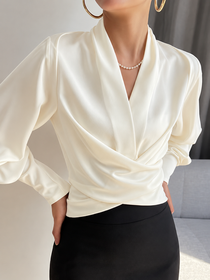 Ladies' Romantic Satin Top with V-Neck and Puff Sleeves