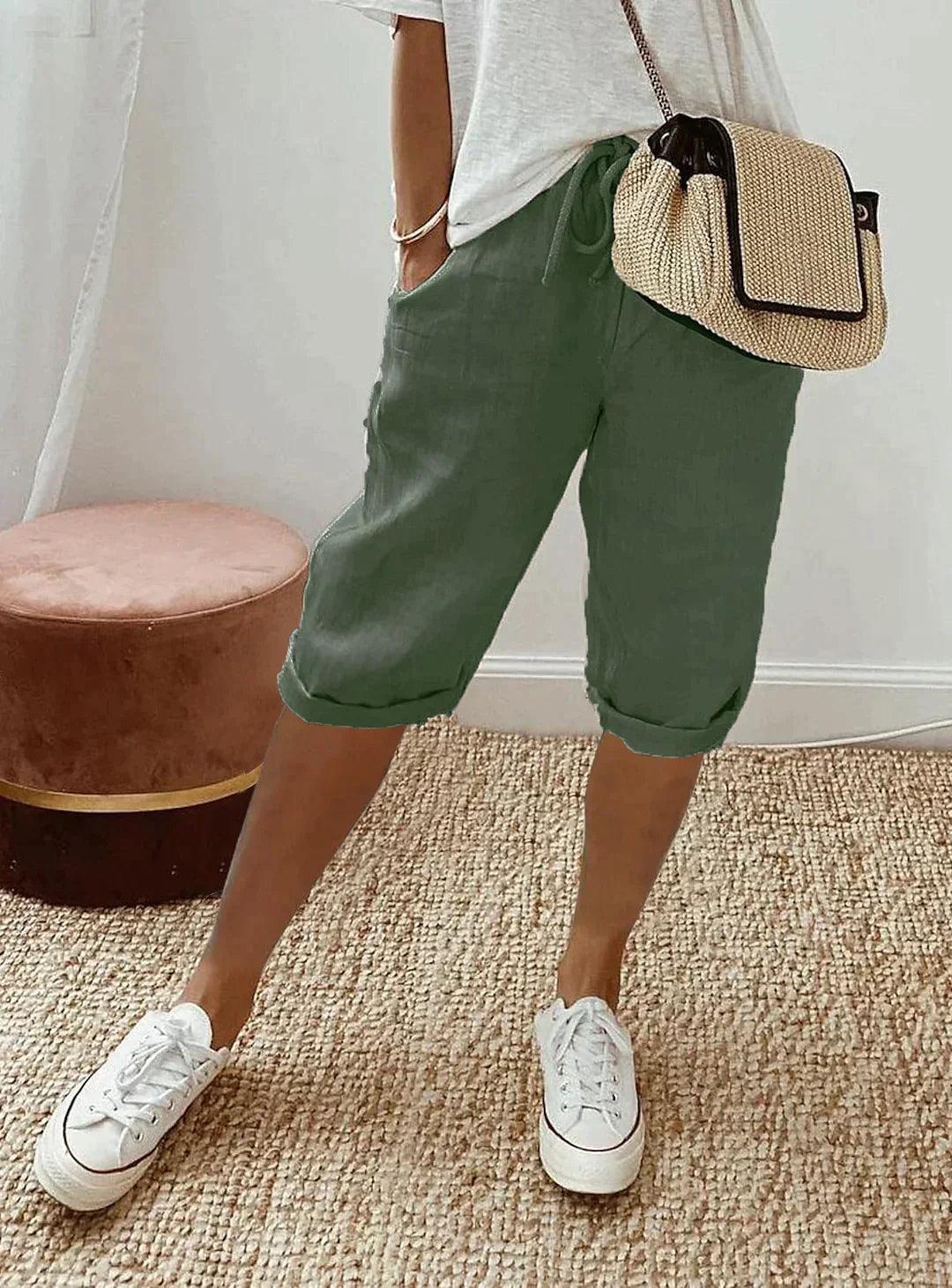 Linen Capri Trousers with Drawstring and Pockets for Women