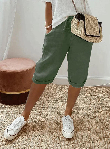 Linen Capri Trousers with Drawstring and Pockets for Women