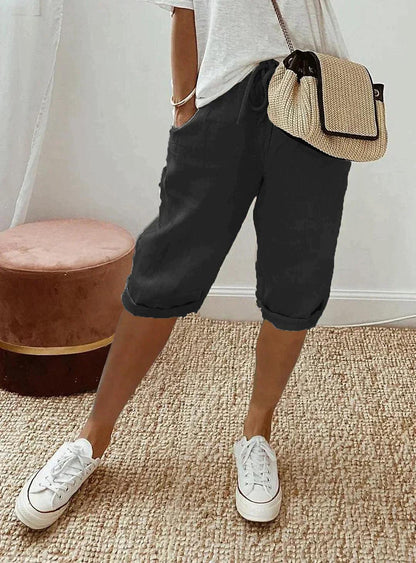 Linen Capri Trousers with Drawstring and Pockets for Women