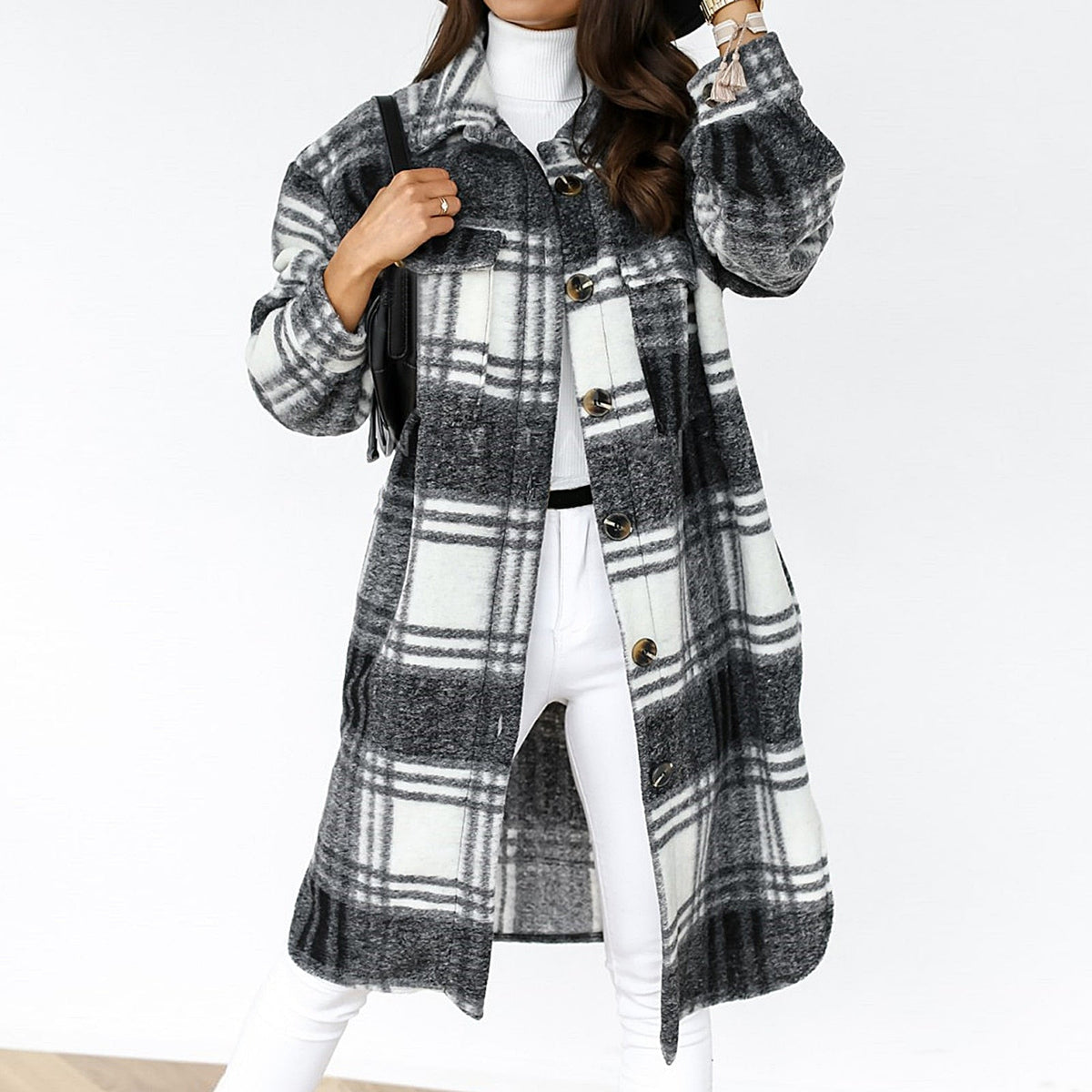 Ladies Checked Maxi Coat with Chest Pockets and Buttons