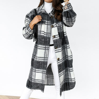 Ladies Checked Maxi Coat with Chest Pockets and Buttons