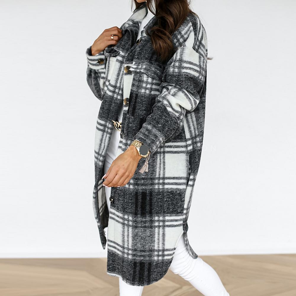 Ladies Checked Maxi Coat with Chest Pockets and Buttons