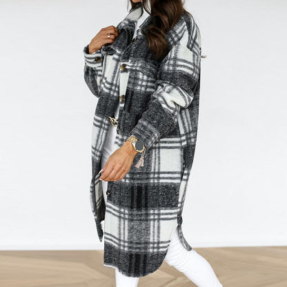 Ladies Checked Maxi Coat with Chest Pockets and Buttons