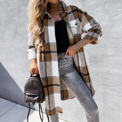 Ladies Checked Maxi Coat with Chest Pockets and Buttons