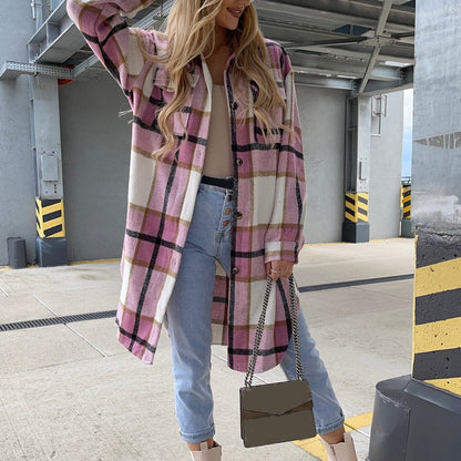 Ladies Checked Maxi Coat with Chest Pockets and Buttons