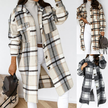 Ladies Checked Maxi Coat with Chest Pockets and Buttons