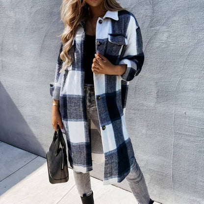 Ladies Checked Maxi Coat with Chest Pockets and Buttons