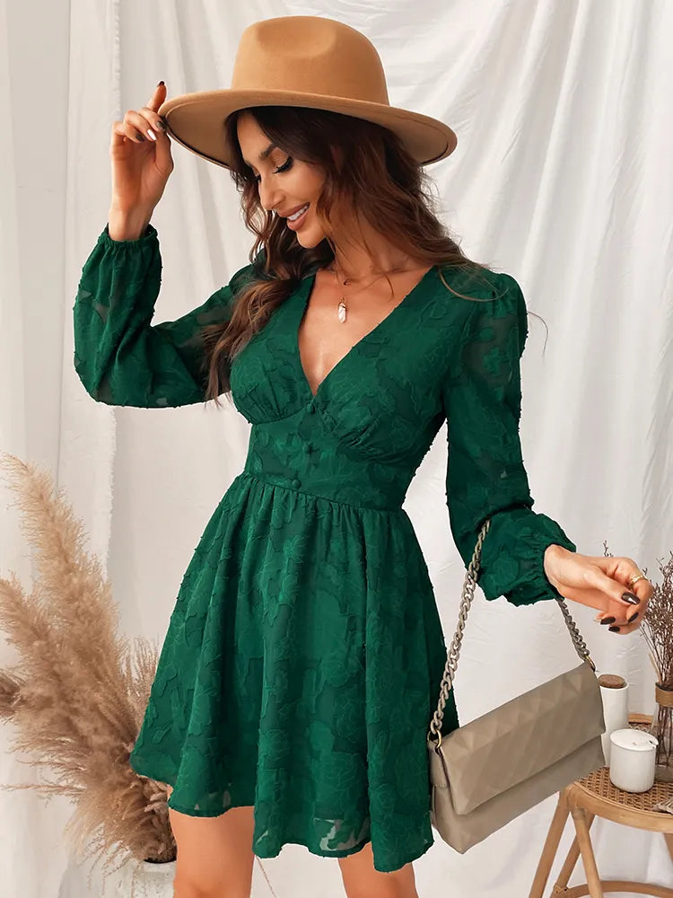 Jasmijn | Long Sleeve Flare Dress with V-Neck