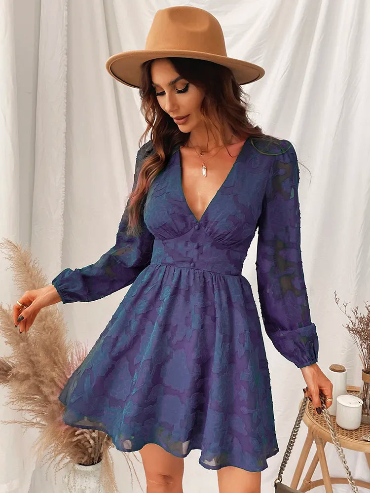 Jasmijn | Long Sleeve Flare Dress with V-Neck