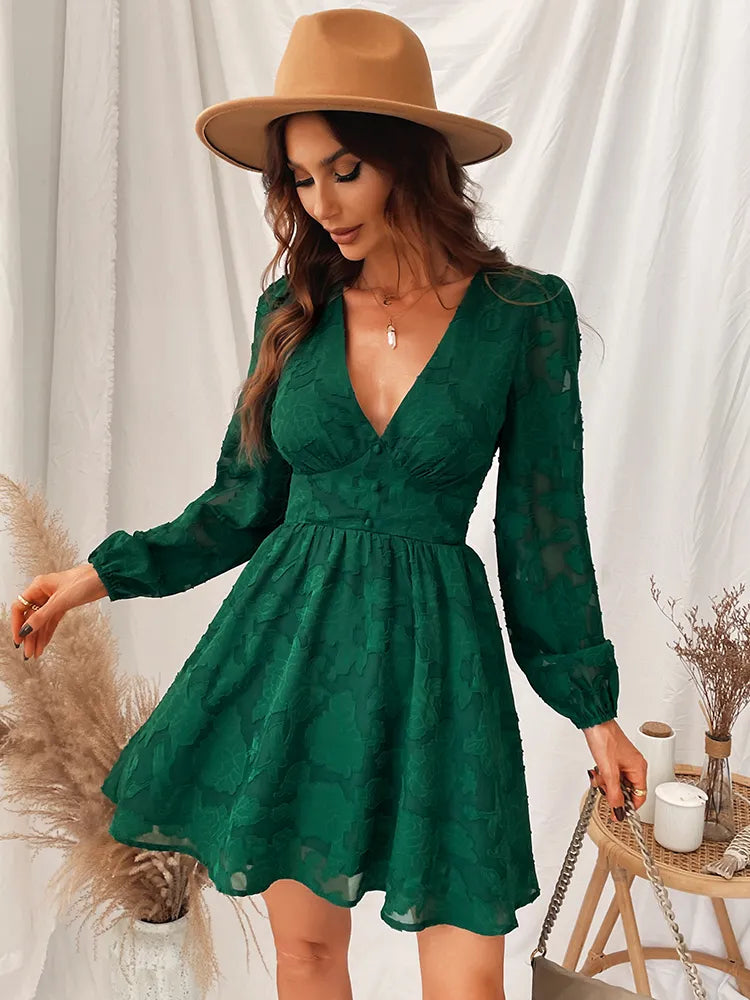 Jasmijn | Long Sleeve Flare Dress with V-Neck