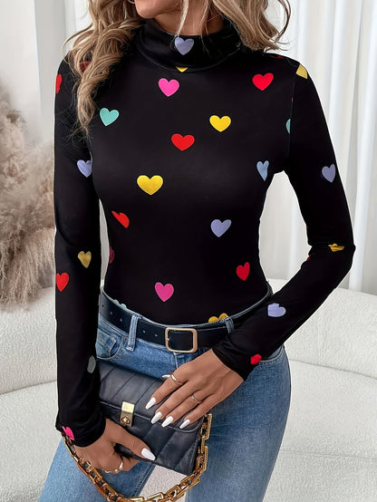 Jeanette | Chic Valentine's Day Heart Print Long Sleeve High Neck T-shirt