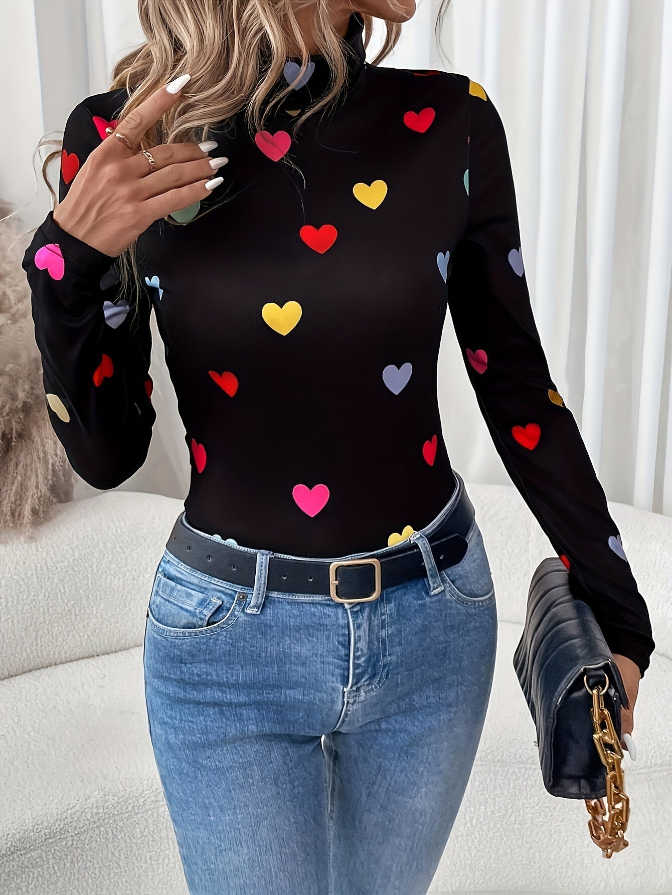 Jeanette | Chic Valentine's Day Heart Print Long Sleeve High Neck T-shirt
