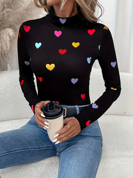 Jeanette | Chic Valentine's Day Heart Print Long Sleeve High Neck T-shirt