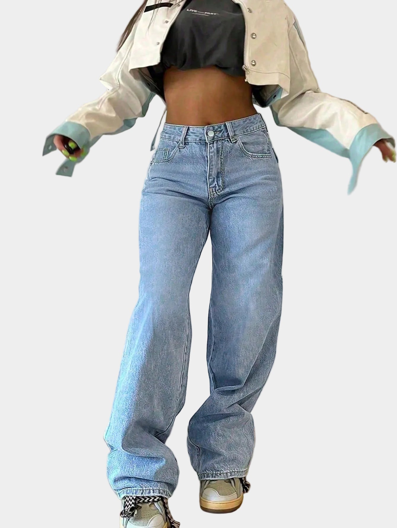 Jeans with Loose Straight Legs and Elastic Waist
