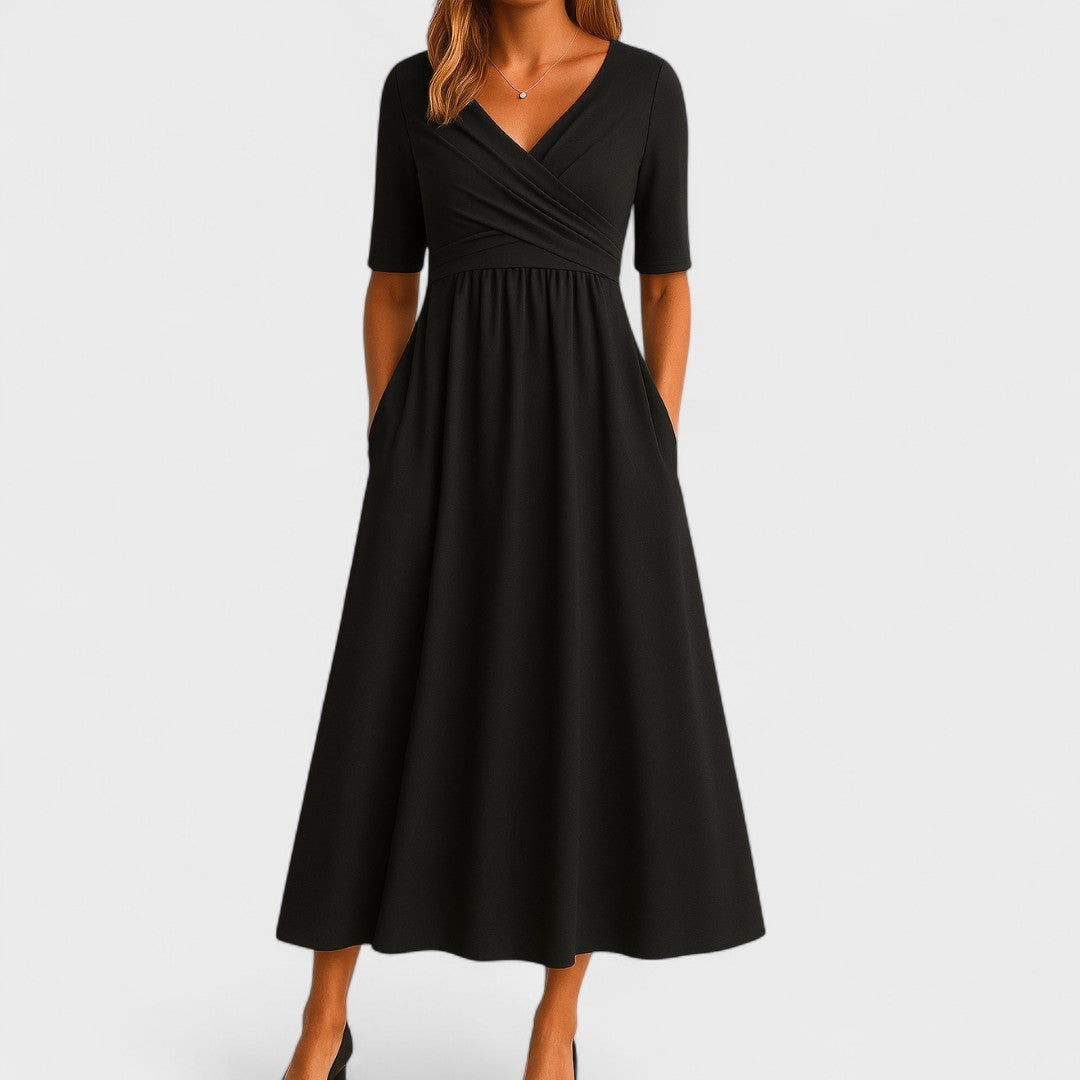 Abito midi elegante con scollo a V e vestibilità valorizzante da donna