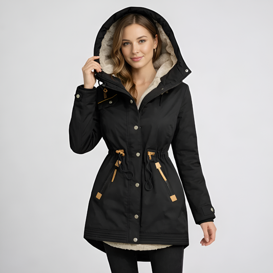 Parka para mujer con capucha forrada y cintura con cordón ajustable