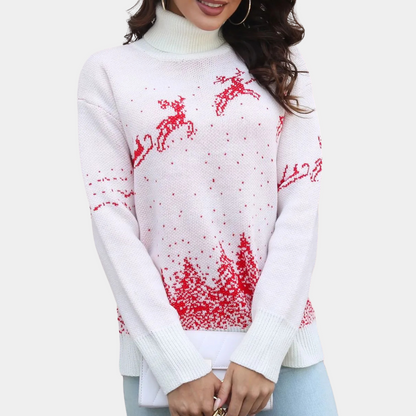 White Christmas Jumper for Women with Reindeer Print, Knitted and Warm