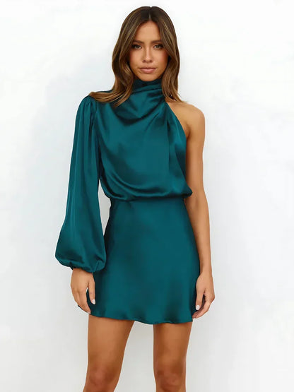 Chic Satin One Shoulder Dress with High Neck