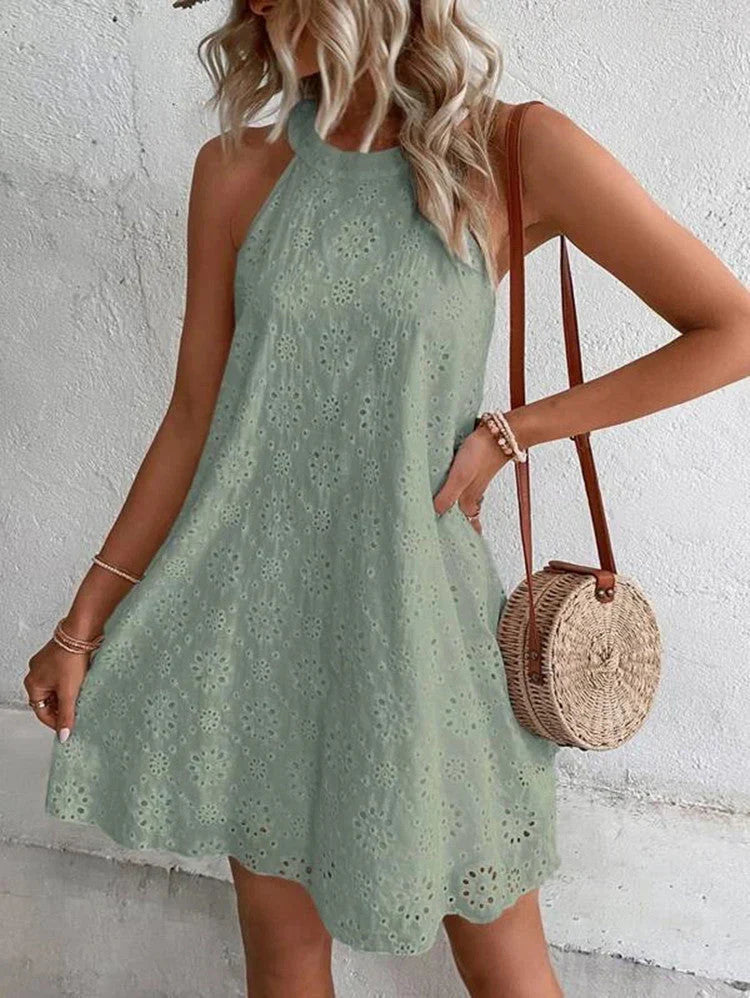 Ladies' Airy Swing Dress with Halterneck and Embroidery