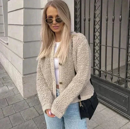 Colete teddy para mulher, quente e macio, com botões e bolsos