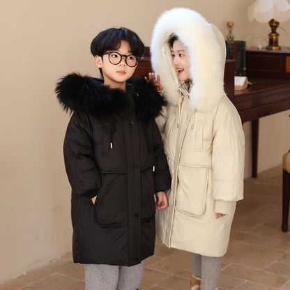 Abrigo de invierno largo para niños y niñas con cuello de pelo sintético