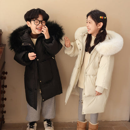 Kids' Winter Coat for Boys and Girls with Long Fit and Faux Fur Collar