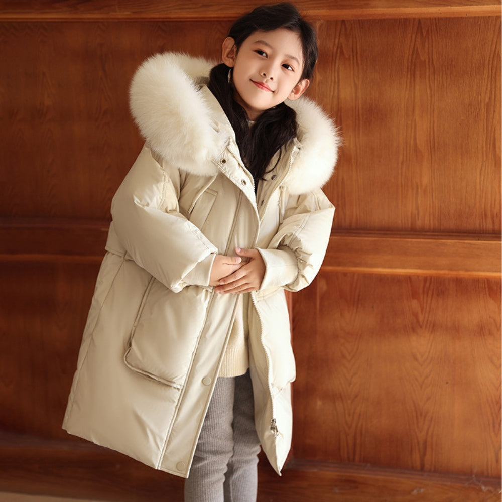 Abrigo de invierno largo para niños y niñas con cuello de pelo sintético