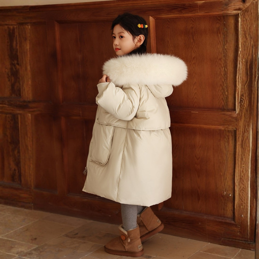Kids' Winter Coat for Boys and Girls with Long Fit and Faux Fur Collar