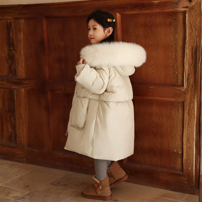 Abrigo de invierno largo para niños y niñas con cuello de pelo sintético