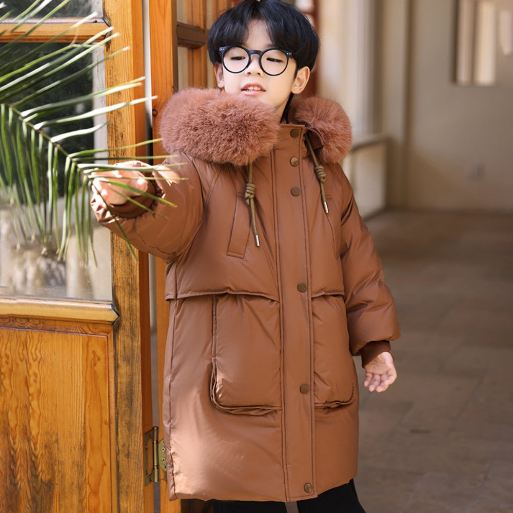 Abrigo de invierno largo para niños y niñas con cuello de pelo sintético